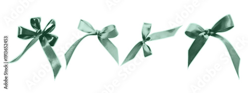 Satin ribbon bow. Set of green silk gift decorations. Classic bow tied in a knot. Die-cut sticker, festive accessory for scrapbooking or collage, sticker for decor. Vector illustration.