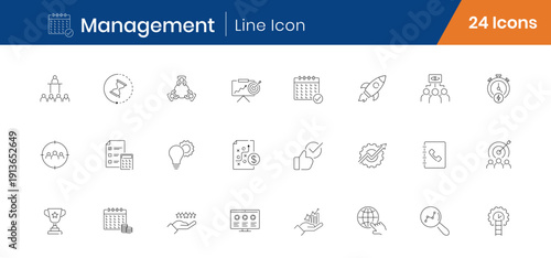 Business Management Outline Icons Set of 24. Strategy, Leadership, Planning Linear Editable Stroke Icons Vector