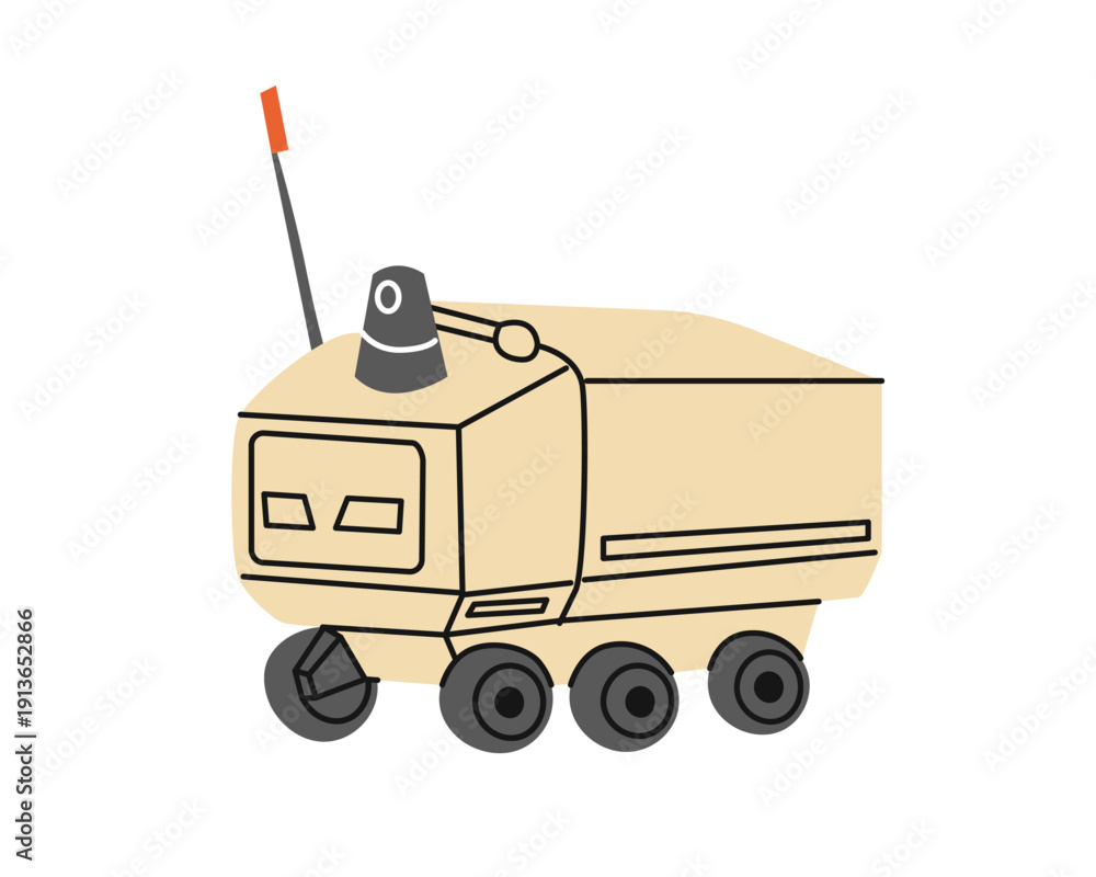 Fototapeta premium Vector illustration of an autonomous delivery robot on wheels. Smart courier technology concept with contactless delivery, automation, innovation, urban logistics and modern transportation service.