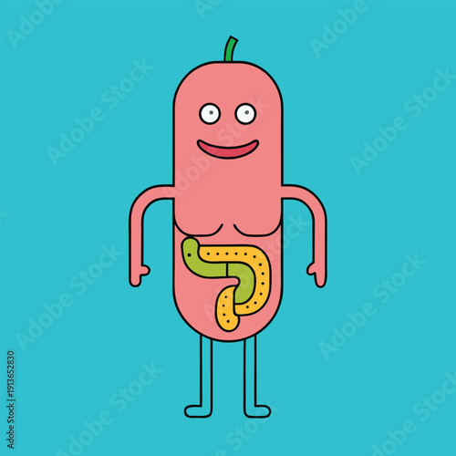 Funny anatomy character showing internal organs and digestive system on blue background art