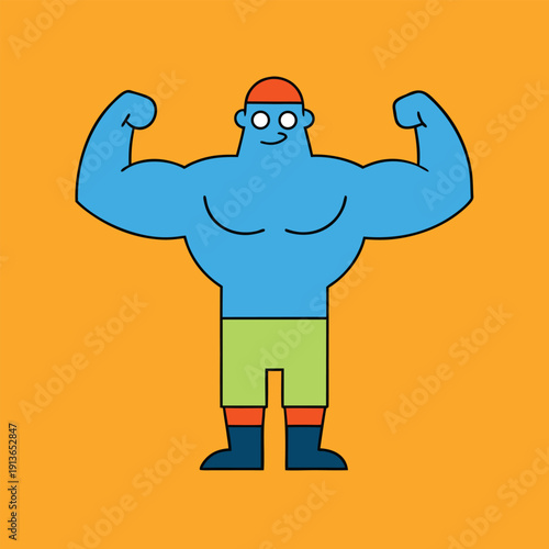 Blue muscular superhero character flexing both arms on orange background vector illustration