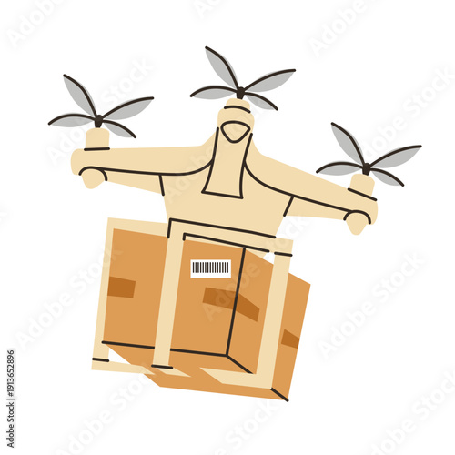 Autonomous delivery drone. Modern illustration of a quadcopter drone delivering food package.