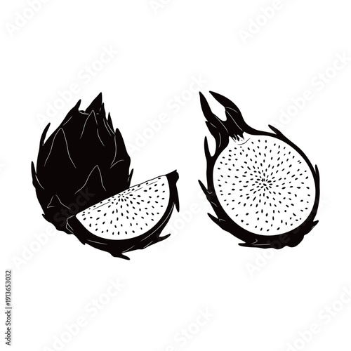 Black and white illustration of dragon fruit with whole and sliced pieces. Exotic tropical fruit vector design isolated on light background.