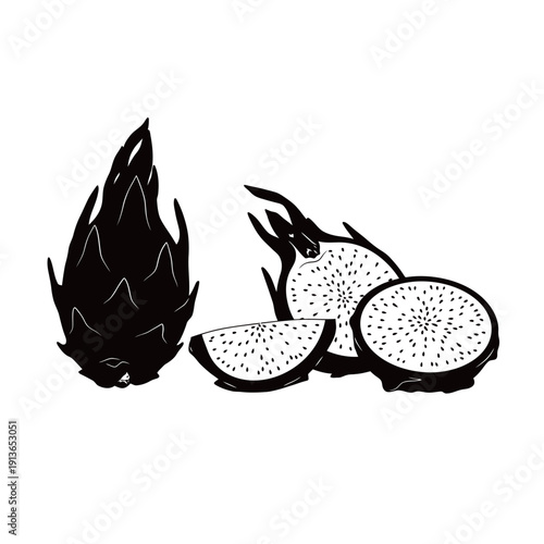 Black and white illustration of dragon fruit with whole and sliced pieces. Exotic tropical fruit vector design isolated on light background.