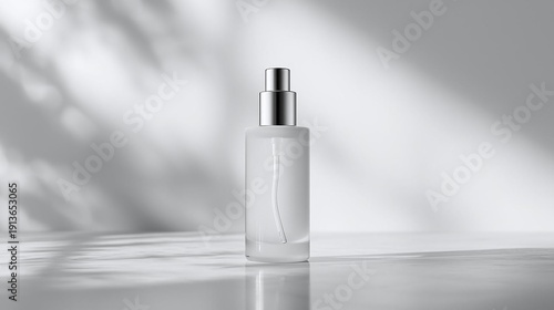 A clear glass spray bottle with a silver cap on a white reflective surface with leaf shadows.
