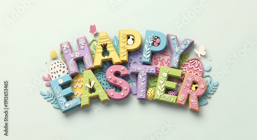 Colorful Easter-themed background with 'HAPPY EASTER' text in pastel hues and decorative eggs
