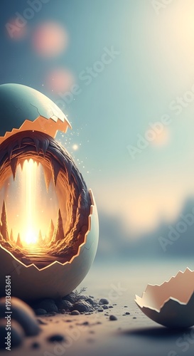 Easter-themed background with a cracked egg emitting a warm, golden light against a softly blurred blue and pink bokeh.