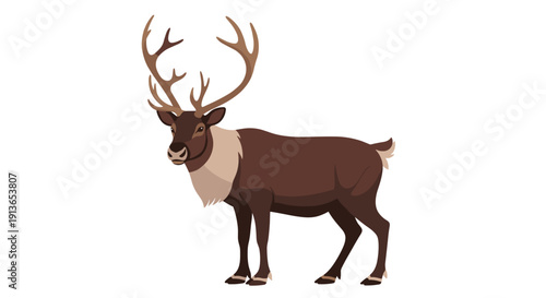 A robust reindeer with large antlers stands in profile, displaying its brown fur and distinctive light-colored mane.