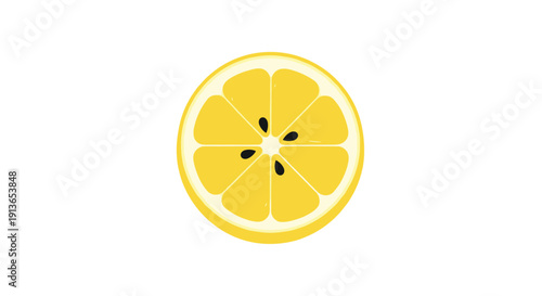 Vibrant yellow lemon slice, cut round to showcase segments and small black seeds, isolated on a white background.