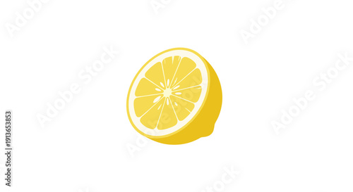 Bright yellow lemon half, sliced diagonally to reveal juicy segments and pulp, against a clean white background.