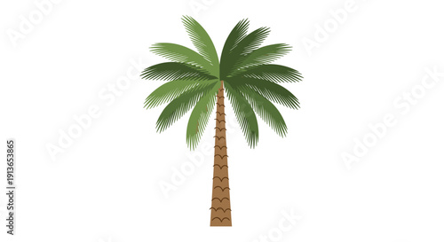 Graphic illustration of a stylized palm tree with green fronds and a tall brown trunk on a clean white background.