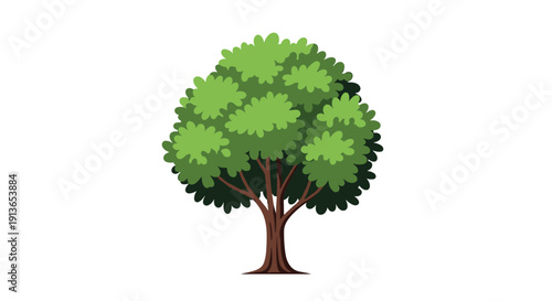 A charming cartoon illustration of a round green tree with a dense canopy and a sturdy brown trunk on a white background.