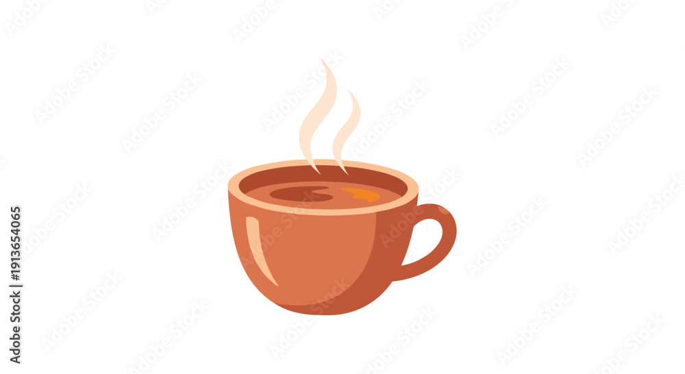 Obraz premium A warm reddish-brown cup with a curved handle holds a steaming hot drink, depicted on an isolated white background.