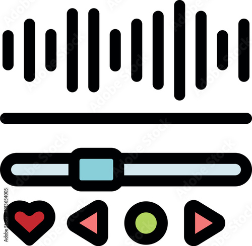 Digital audio player interface displaying soundwave, progress bar, play, pause, previous, next, and like buttons
