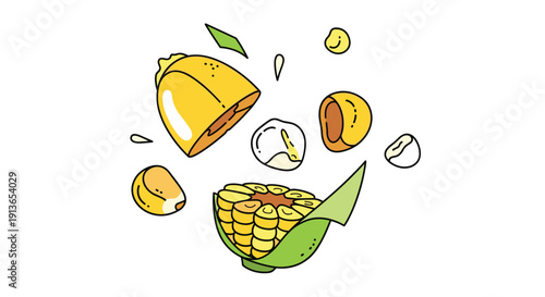 Corn cob elements, including kernels and husk, are shown dynamically exploding and floating apart on white.