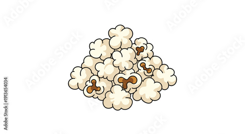 A fluffy pile of freshly popped popcorn is ready to eat, presented on a crisp white isolated background.