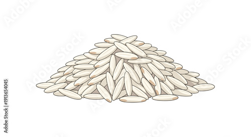A moderate mound of raw, oval-shaped white rice grains sits gracefully on an unadorned white backdrop.