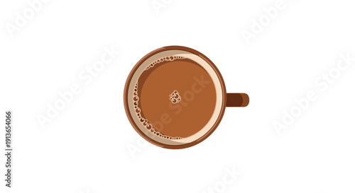 An aerial view shows a dark brown beverage in a mug with small foam bubbles on the liquid surface.