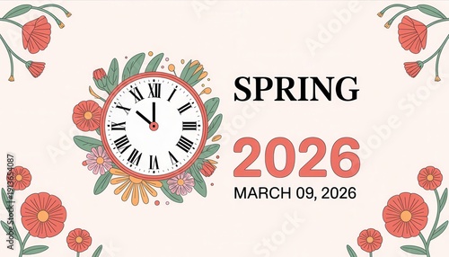 Spring 2026: Floral Embrace of Time: The image combines a clock and blossoms to create a spring theme with an elegant display of the date.