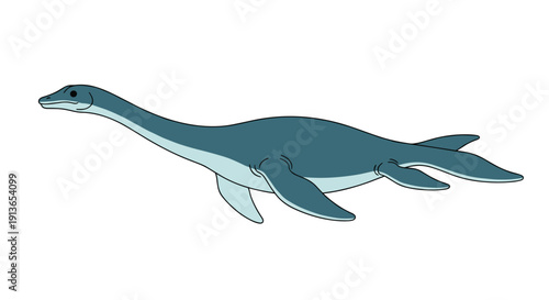 A blue-green plesiosaur, a long-necked aquatic reptile, swimming gracefully with a lighter colored belly on a white background.