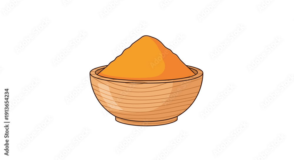 Fototapeta premium A simple wooden bowl filled with a pile of bright yellow turmeric powder sits isolated on a clean white background.