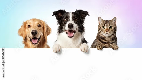 A black and white dog and a cat peeking from behind a white sign on colorful background 4k video
