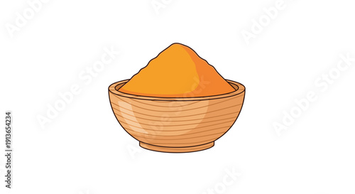 A simple wooden bowl filled with a pile of bright yellow turmeric powder sits isolated on a clean white background.