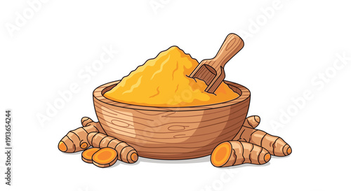 A wooden bowl containing turmeric powder and a small scoop is surrounded by fresh turmeric roots and sliced pieces on a white surface.