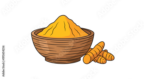 A wooden bowl filled with bright yellow turmeric powder is placed next to several fresh turmeric roots on a white background.