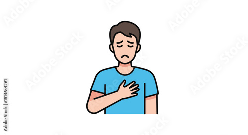 Young man with short brown hair wearing a blue t-shirt touching his chest with a hand, indicating mild discomfort or shortness of breath.