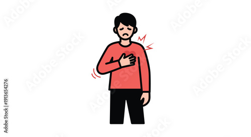 Young man with short dark hair wearing a red long-sleeve shirt clutching his chest due to sudden pain or discomfort.