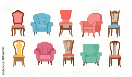 Cute colorful chair furniture vector set with antique chairs armchairs and stools isolated on white background