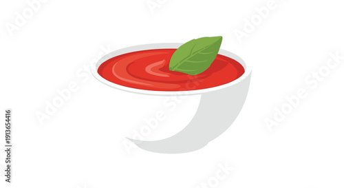 A white bowl containing smooth red sauce topped with a single fresh green basil leaf, presented on a white background.
