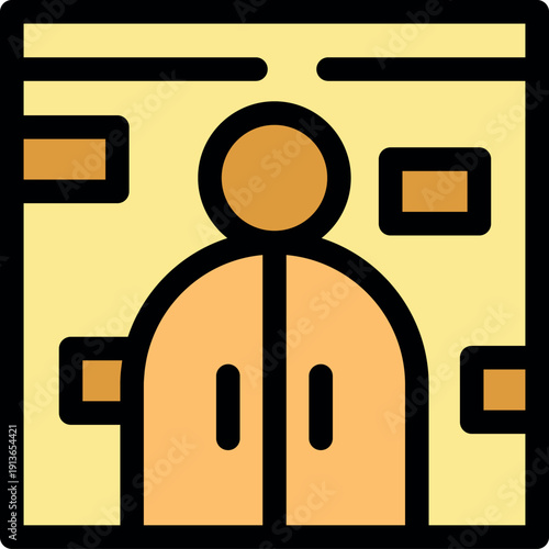 Elevator icon with person inside, button panel, and modern lift design representing transportation