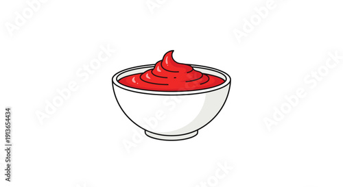 A white ceramic bowl filled with a vibrant red, swirled sauce or condiment, set against a clean white background.
