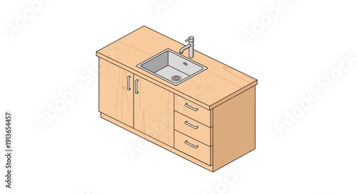 An isometric view displays a light wood kitchen island with a sink, faucet, drawers, and cabinet doors.