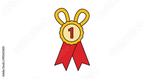 A festive cartoon gold medal, featuring the number '1' and a red ribbon stylishly tied into a decorative loop at the top.