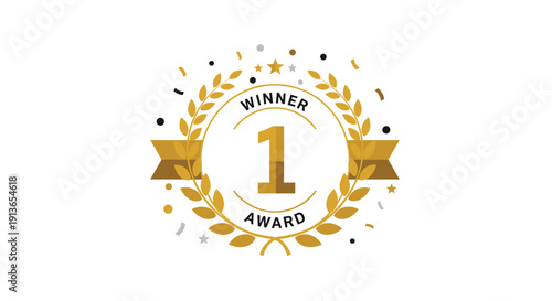 A golden winner award badge with the number '1' inside a circle, framed by a laurel wreath, ribbons, and falling confetti.