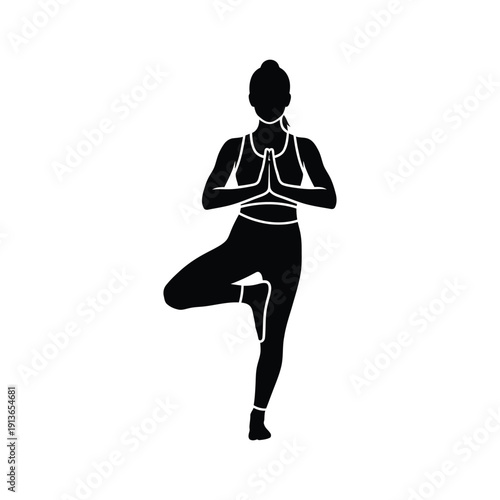 Woman practicing yoga, tree pose, silhouette, zen, meditation, asana, healthy lifestyle, studio