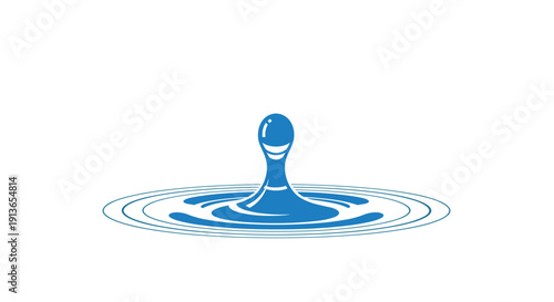 A single prominent blue water drop impacts a surface, forming a splash and circular ripples.