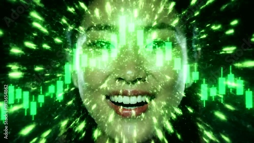 Wallpaper Mural Futuristic digital portrait with glowing green light effects and financial chart data. Torontodigital.ca