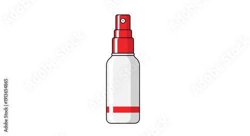 A cartoon illustration of a tall clear plastic spray bottle with a red nozzle and label, isolated on a white background.