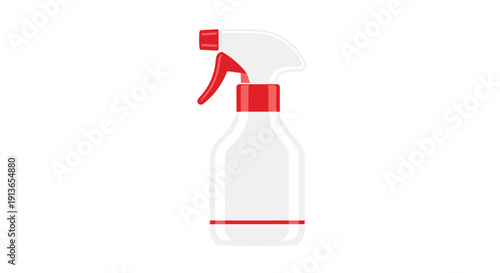 A cartoon illustration of a clear plastic spray bottle with a red trigger and label, isolated on a white background.