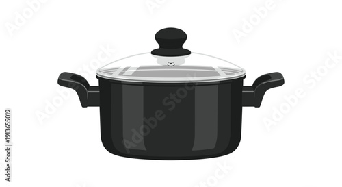 A cartoon illustration of a black cooking pot with clear glass lid and black handles, empty and isolated on white.