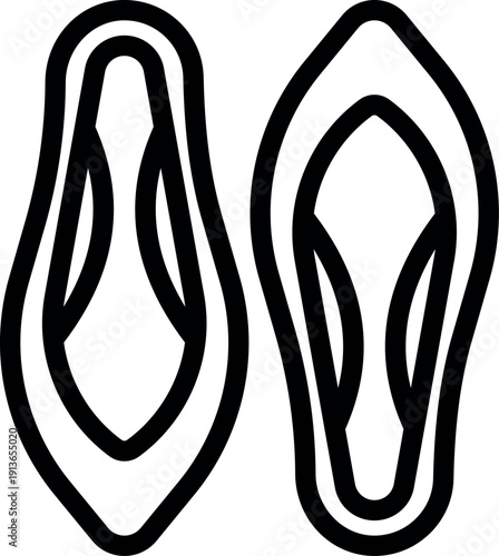 Simple black and white line art icon of a pair of flip flops, evoking feelings of summer, vacation, and relaxation