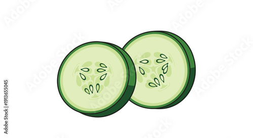 Two freshly sliced round green cucumber pieces displaying visible seeds presented on a clean white background.
