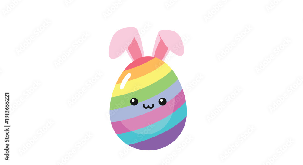 Fototapeta premium A cute, colorful rainbow-striped Easter egg adorned with pink bunny ears and a small, happy face illustration on a white background.