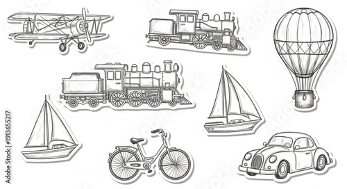 Collection of Hand Drawn Vintage Transport Vehicles and Modes.