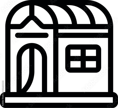 Simple line icon representing a small kiosk or street vendor stall, ideal for representing concepts of small business, retail, or urban life