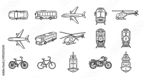 Collection of hand drawn transportation vehicles and modes of travel.